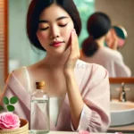 زن در حال استفاده از گلاب برای مراقبت از پوست صورت، نشان‌دهنده فواید طبیعی گلاب برای زیبایی و شادابی پوست